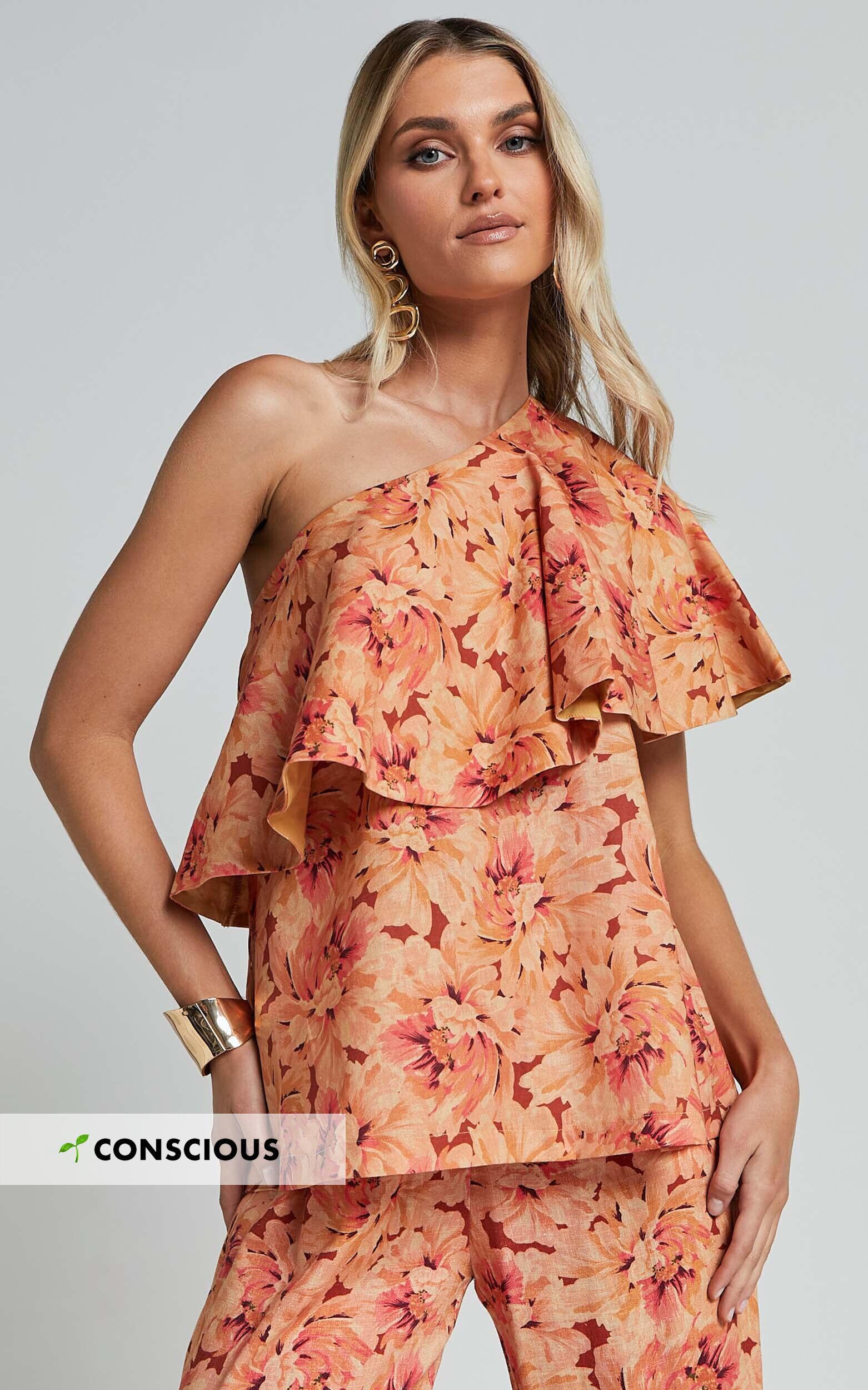 Amalie The Label - Aiko Linen Blend One Shoulder Frill Top in Valencia Print Product Image