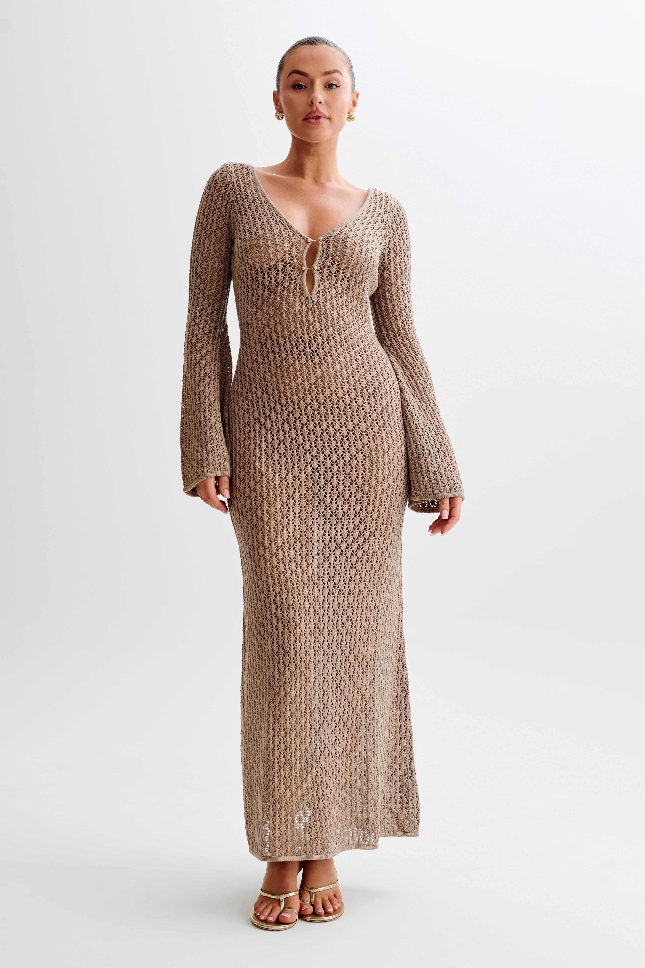 Kayleigh Crochet Fishtail Flare Sleeve Maxi Dress - Taupe Product Image