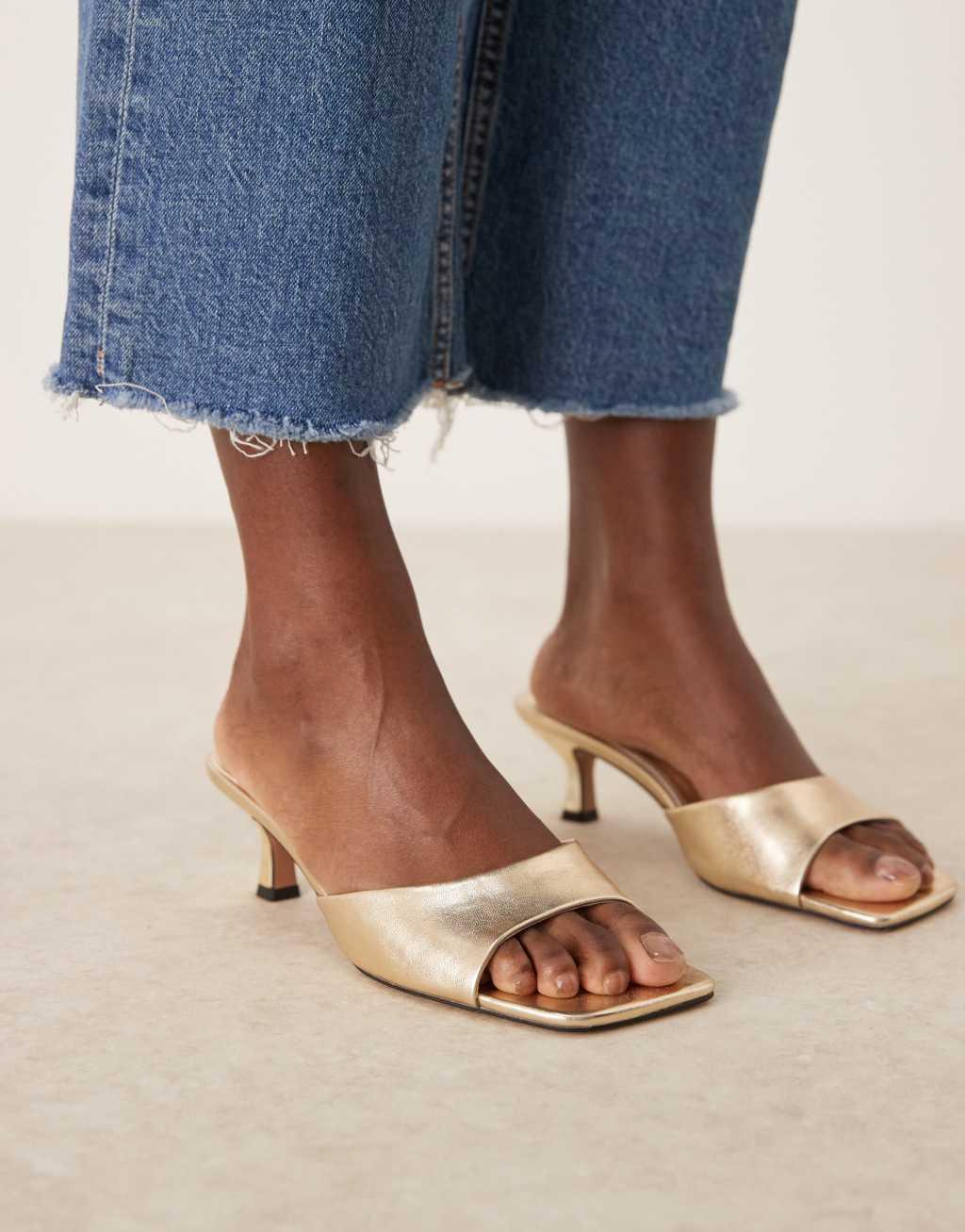 ASOS DESIGN Hyper kitten heeled mules in gold Product Image