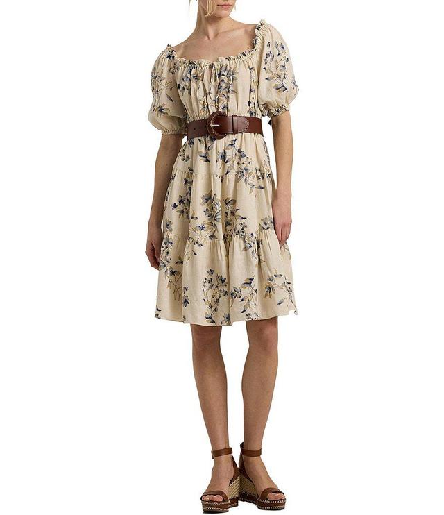 Lauren Ralph Lauren Linen Blend Floral Square Neck Short Sleeve A-Line Dress Product Image