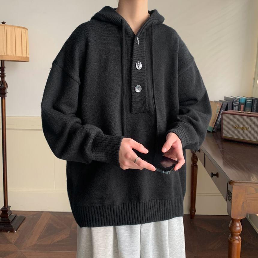 Hooded Drop Shoulder Plain Oversized Sweater Product Image