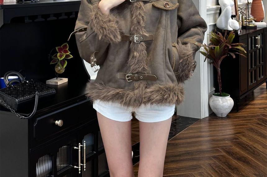 Stand Collar Fluffy Trim Buckled Aviator Jacket Product Image