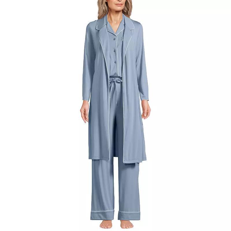 Womens Lands End Cooling 3-Piece Button-Up Top, Pants & Robe Pajama Set Pale Grey Blue Product Image