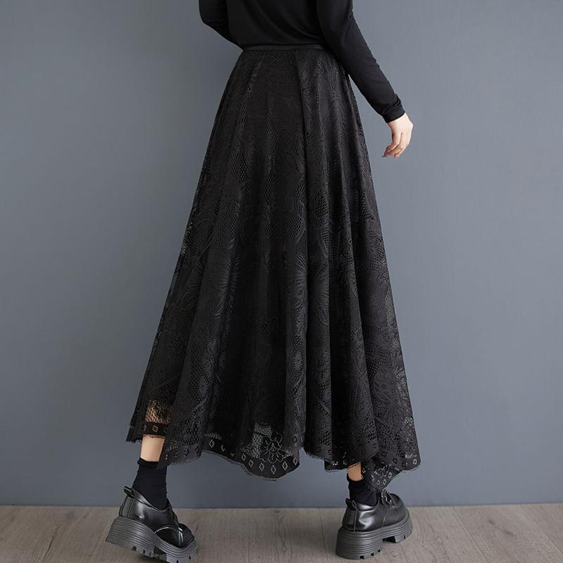 High Waistline Lace Floral A-Line Maxi Skirt Product Image