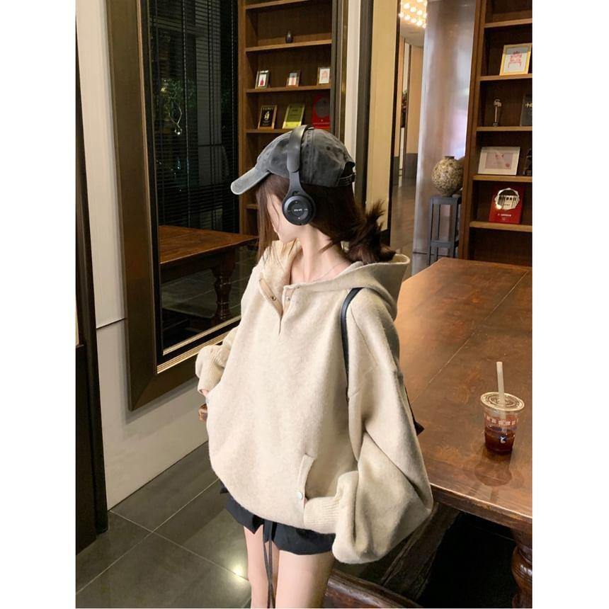 Plain Snap Button Knit Hoodie Product Image