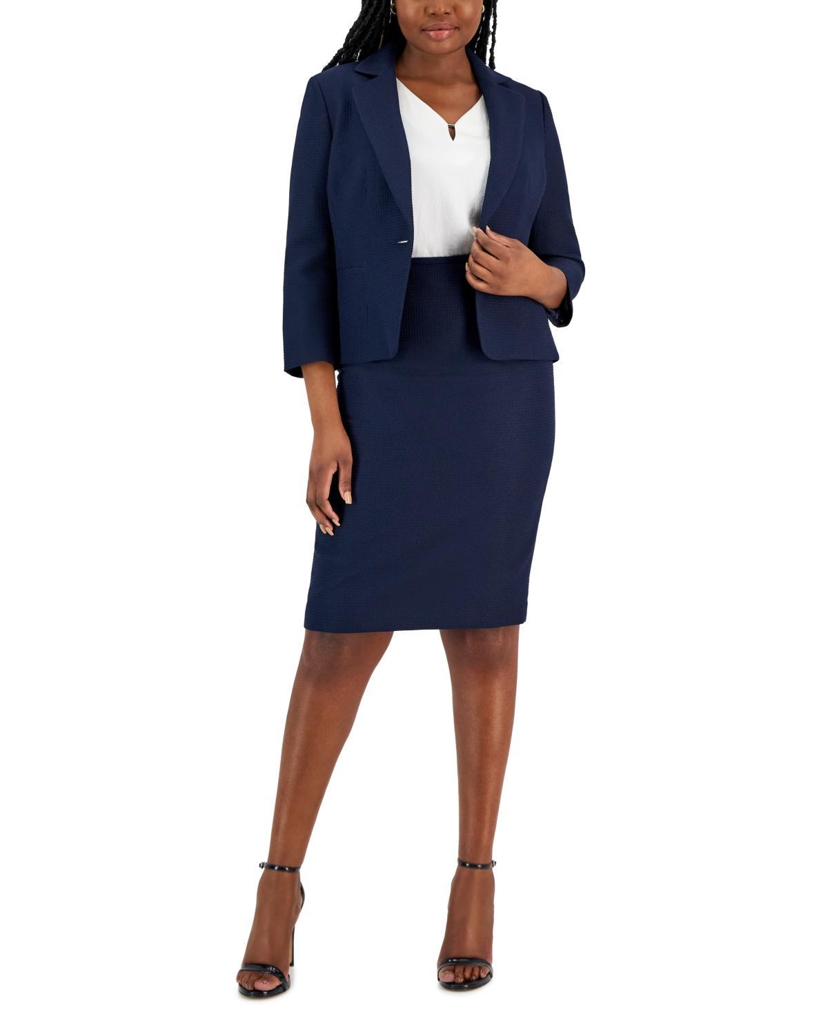 Le Suit Women's Geo Jacquard One Button Jacket And Skirt Set, Navy, 6 Product Image