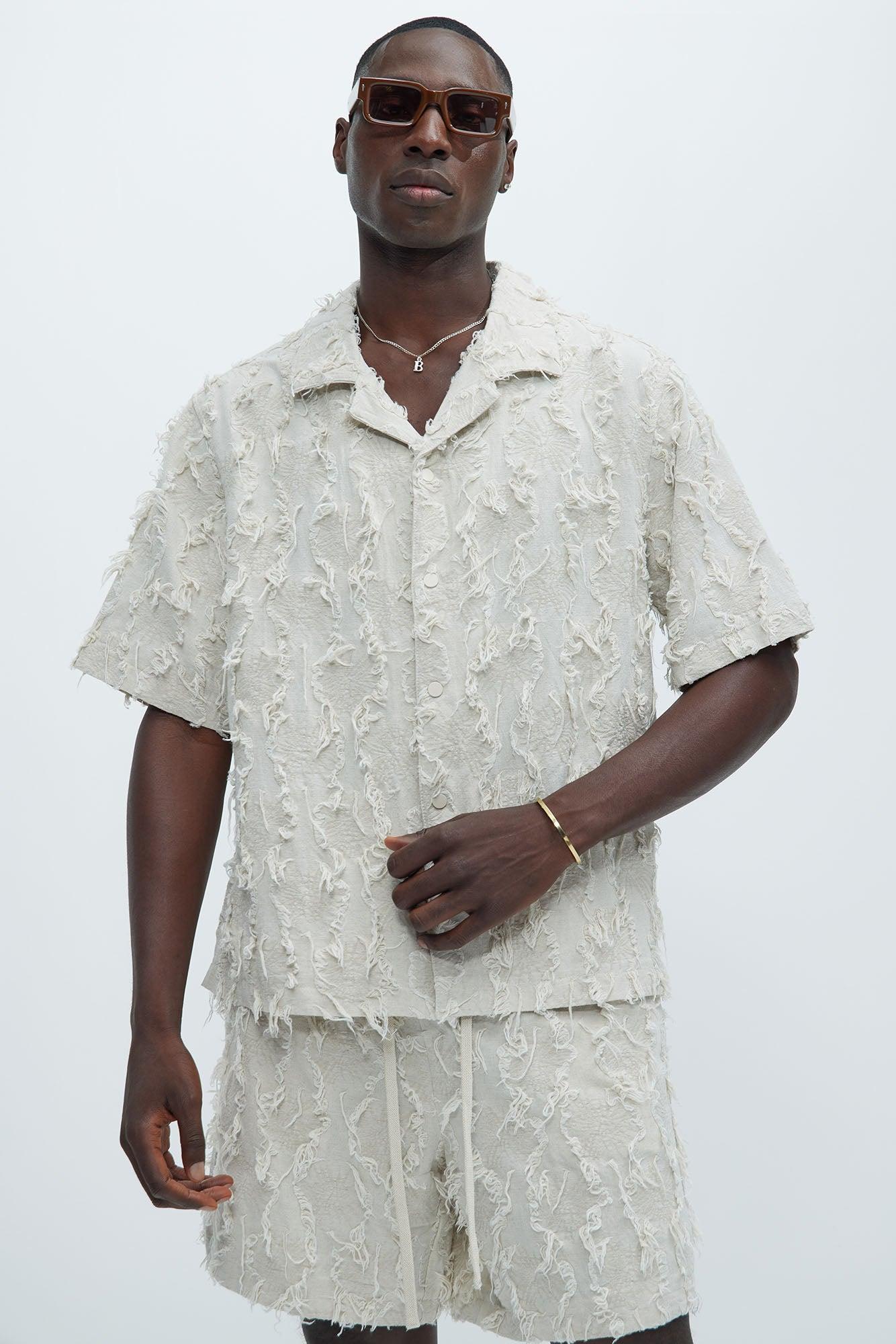 Frayed Jacquard Linen Shirt - Off White Product Image