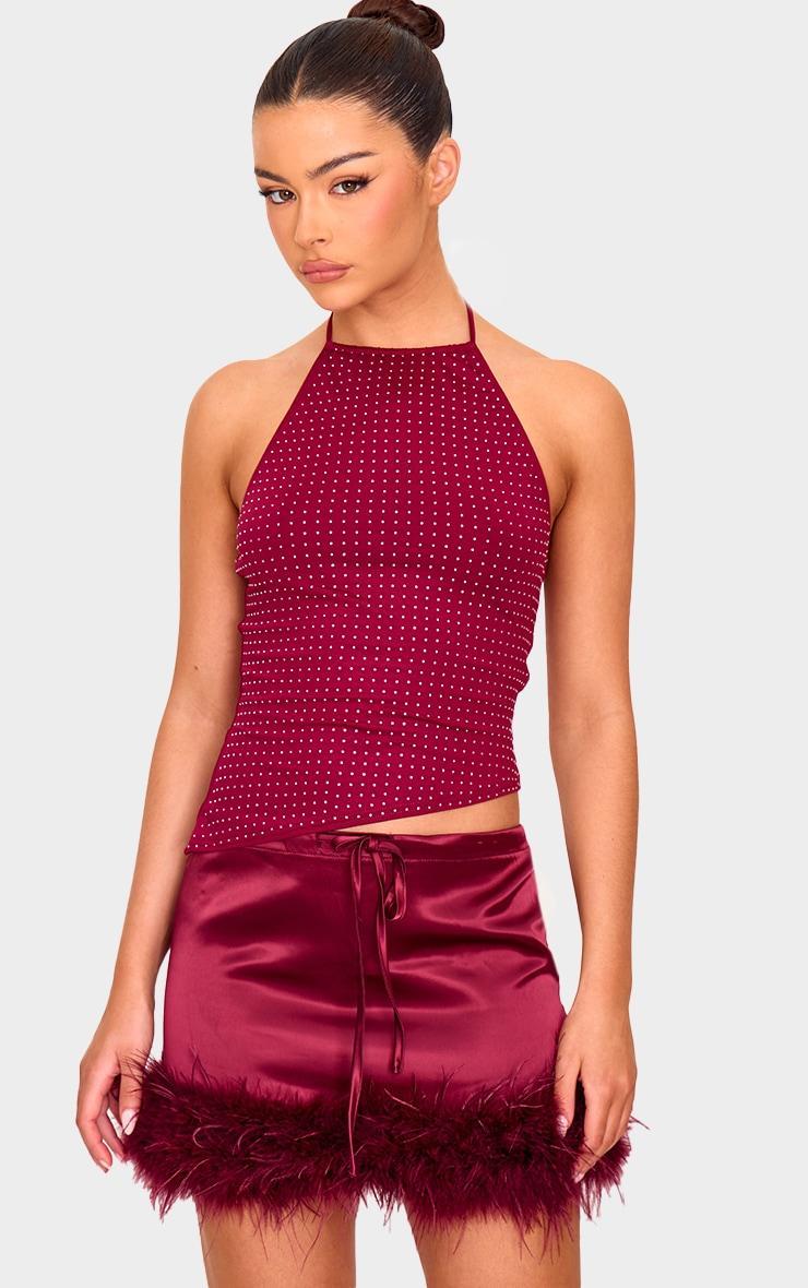 Burgundy Hot Fix Halterneck Open Back Long Top Product Image