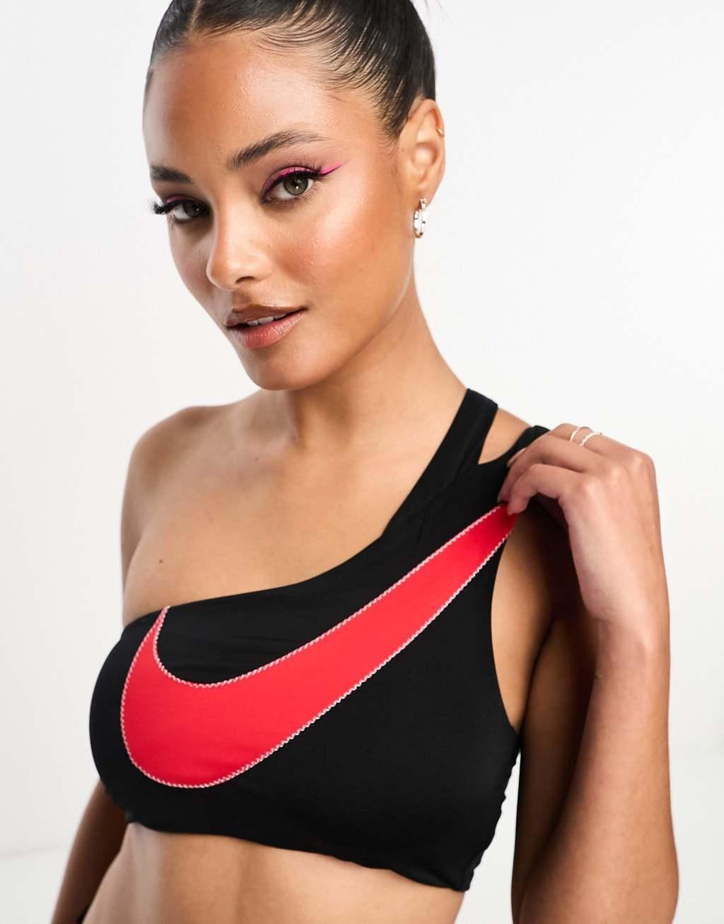 Nike Swimming Icon Sneakerkini asymmetrical bikini top in black and red  Product Image