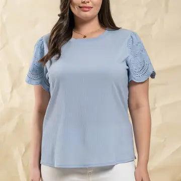 Blue Plus Eyelet Contrast Sleeve Top Female Product Image