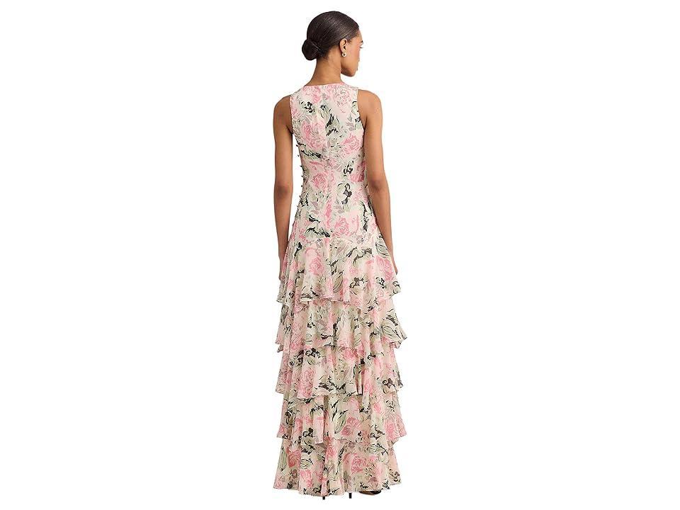 LAUREN Ralph Lauren Floral Crinkle Georgette Tiered Gown (Cream/Pink/Multi) Women's Dress Product Image