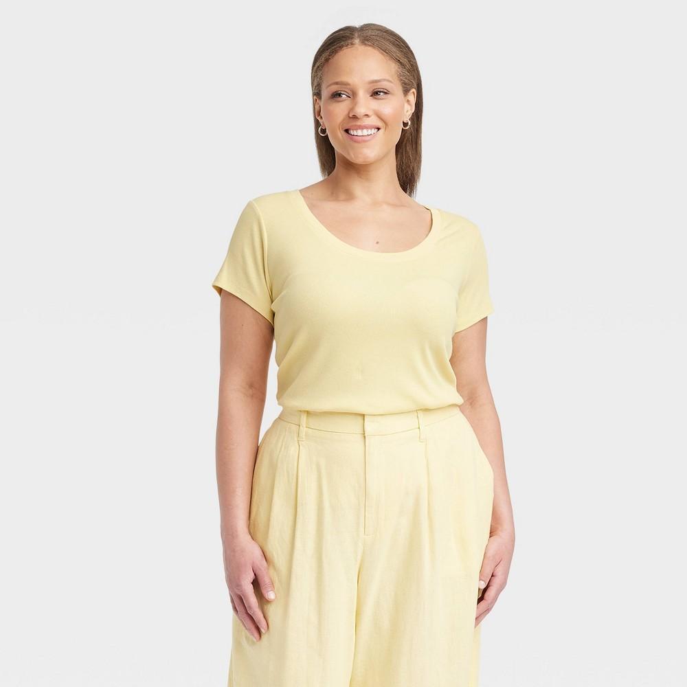 Womens Slim Fit Short Sleeve Ribbed Scoop Neck T-Shirt - A New Day Yellow 3X Product Image