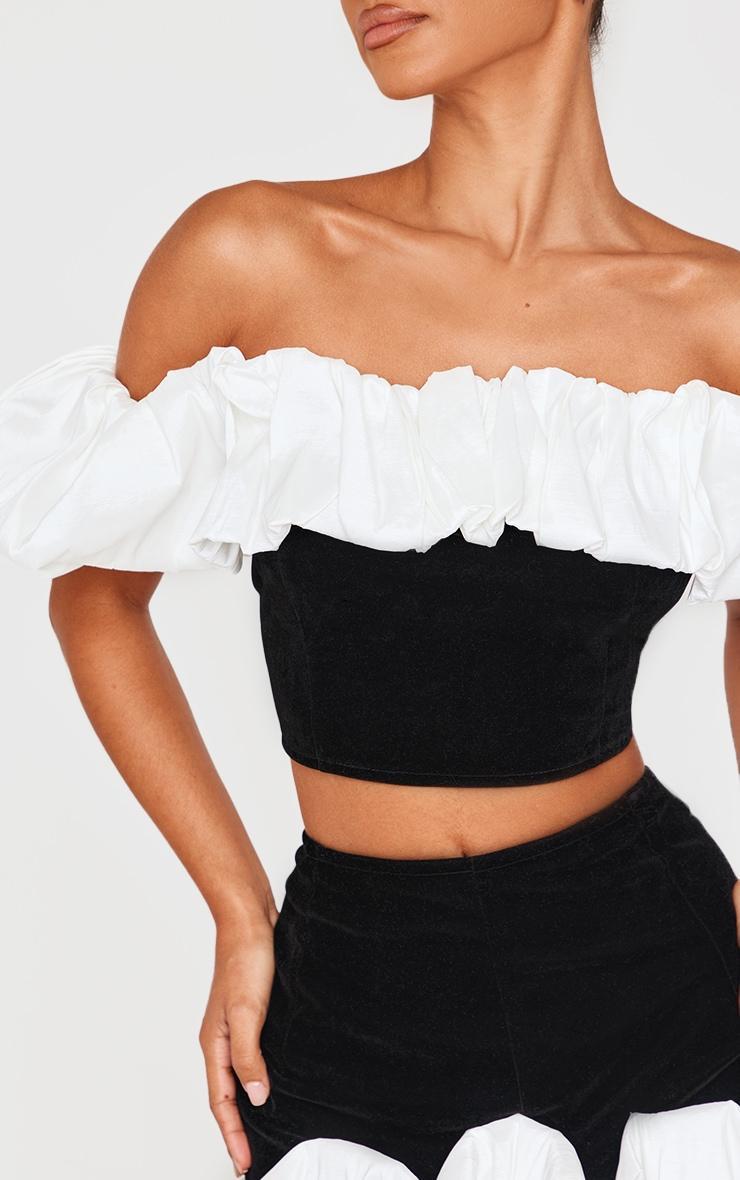 Petite Black Velvet Ruffle Detail Bardot Crop Top Product Image