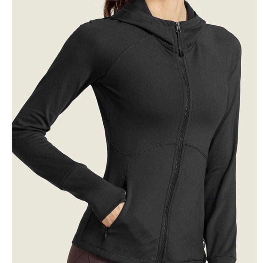 Hooded Plain Zip Up Cropped Sport Jacket Product Image