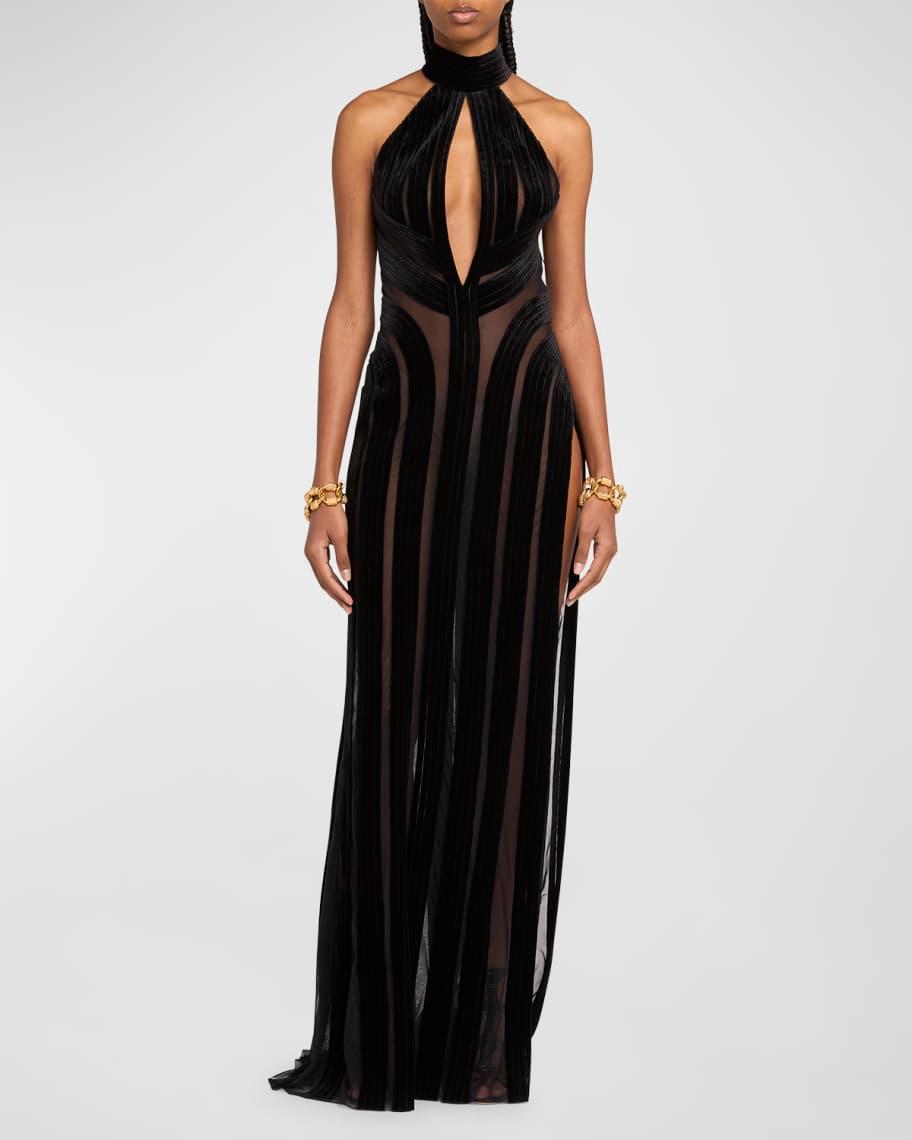 Velvet Embroidered Tulle Backless Halter Gown Product Image