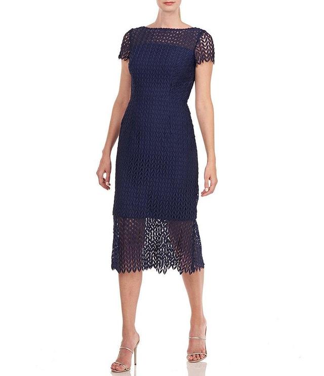 Kay Unger Flounce Hem Illusion Lace Short Sleeve Boat Neck Scalloped Midi Sheath Dress Product Image