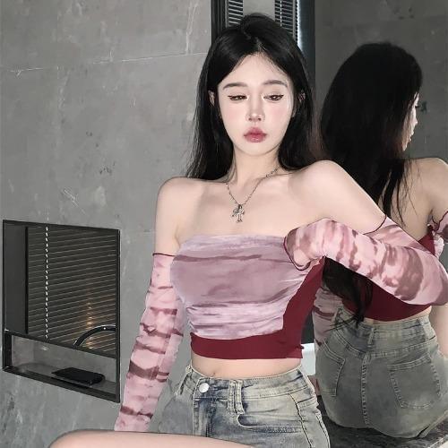 Long Sleeve Off Shoulder Tie Dye Panel Mesh Crop Top Product Image