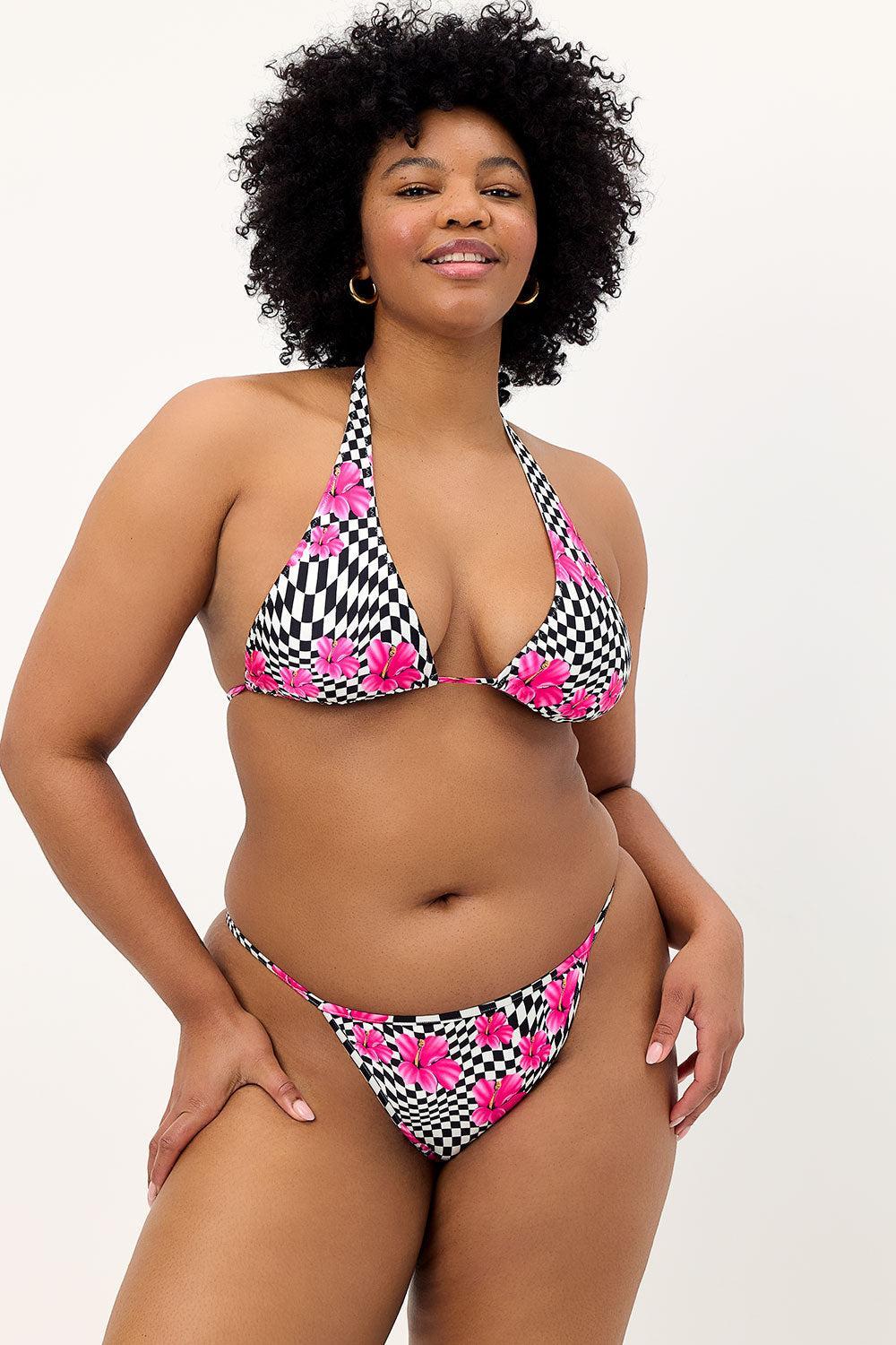 Harmony Shine Thong Bikini Bottom - Black Morrison Hibiscus Product Image