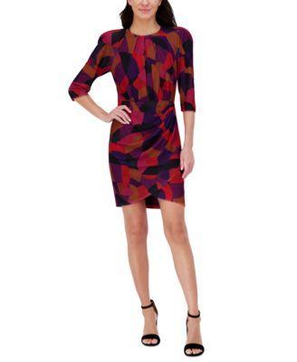 Petite Printed Pleat-Neck 3/4-Sleeve Dress Product Image