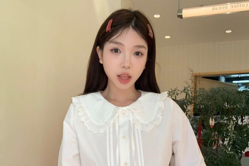 Long Sleeve Peter Pan Collar Plain Ruffle Trim Blouse Product Image