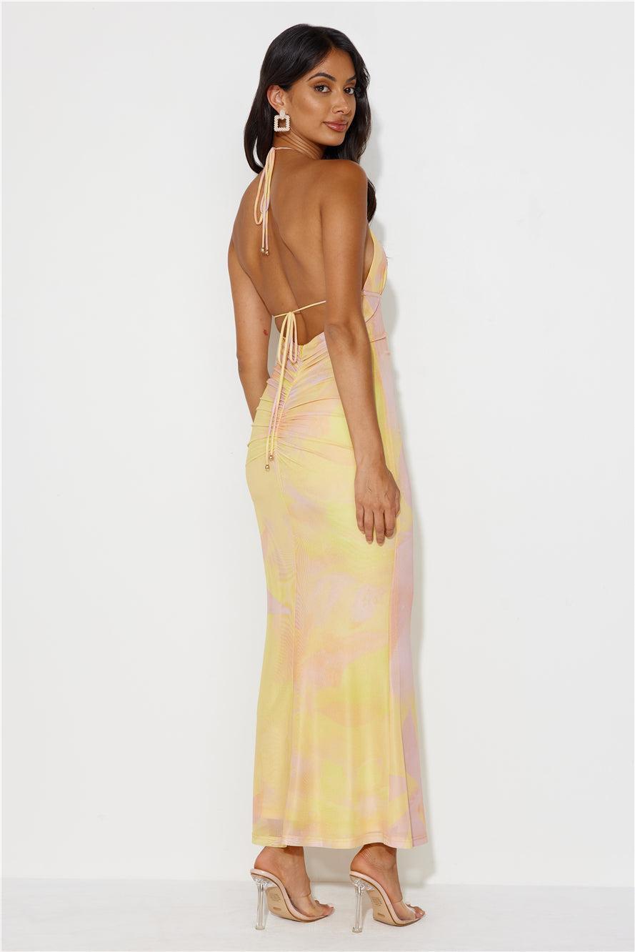 Charming Evening Halter Mesh Maxi Dress Yellow Product Image