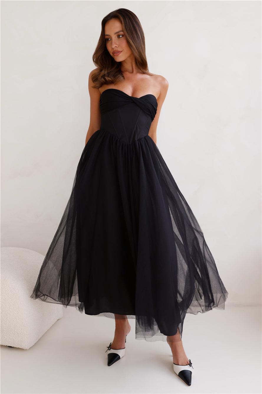 Worthy Of Diamonds Strapless Tulle Midi Dress Black product image