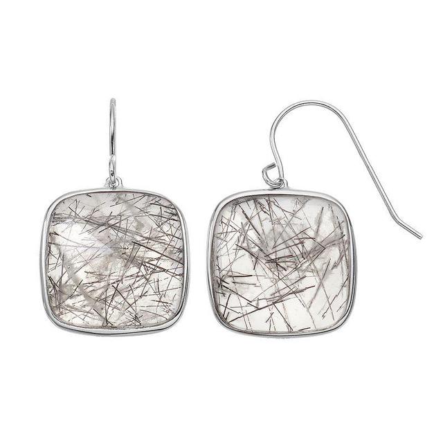 Sterling Silver Black Rutilated Quartz Square Drop Earrings, Womens Product Image