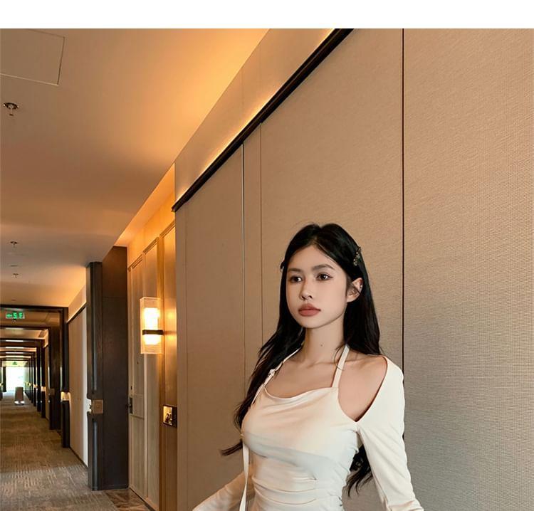 Long-Sleeve Halter Neck Mock Two-Piece Plain Ruched Slim Fit Crop Top Product Image