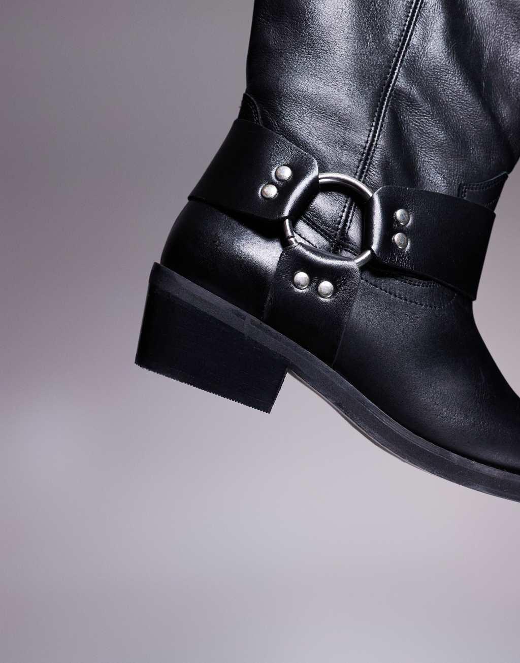 ASOS DESIGN Colorado premium leather biker knee boots in black Product Image