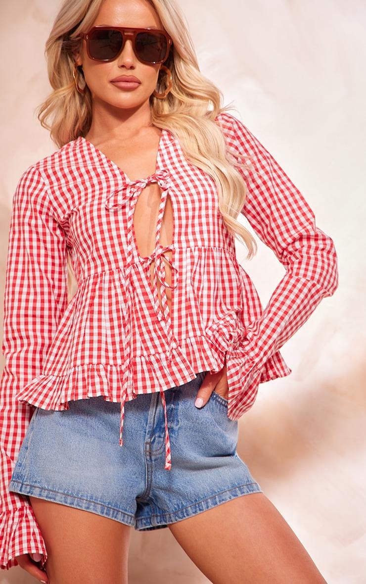 Red Checked Tie Front Flare Sleeve Shirt Product Image