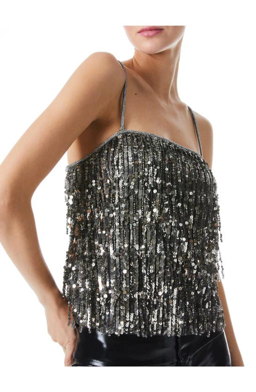 Chi Sequin Fringe Tank Top In Gunmetal Product Image