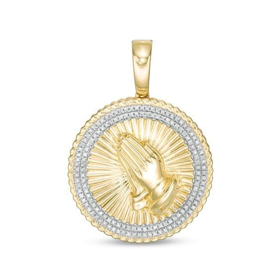 Men's 1/5 CT. T.w. Diamond Textured Rope Triple Frame Praying Hands Medallion Necklace Charm in 10K Gold Product Image