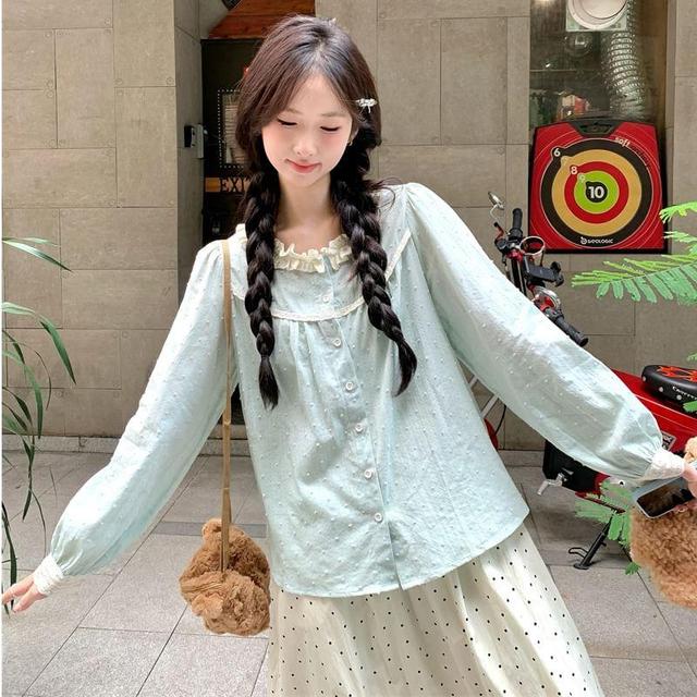 Long-Sleeve Dotted Lace Trim Blouse Product Image