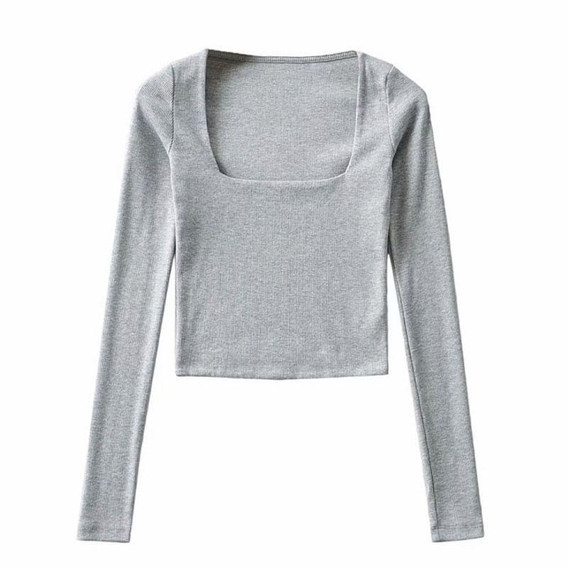 Long-Sleeve Square Neck Plain Cropped T-Shirt Product Image