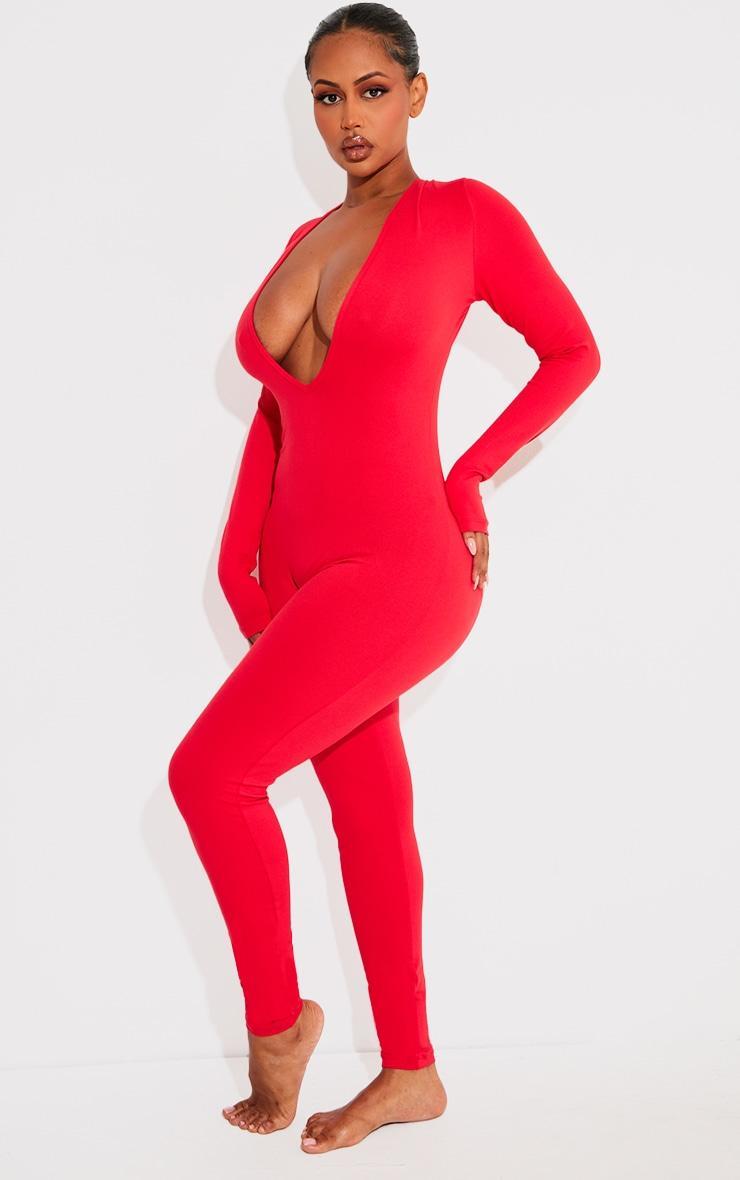 Shape Red Sculpted Long Sleeve Plunge Front Jumpsuit Product Image