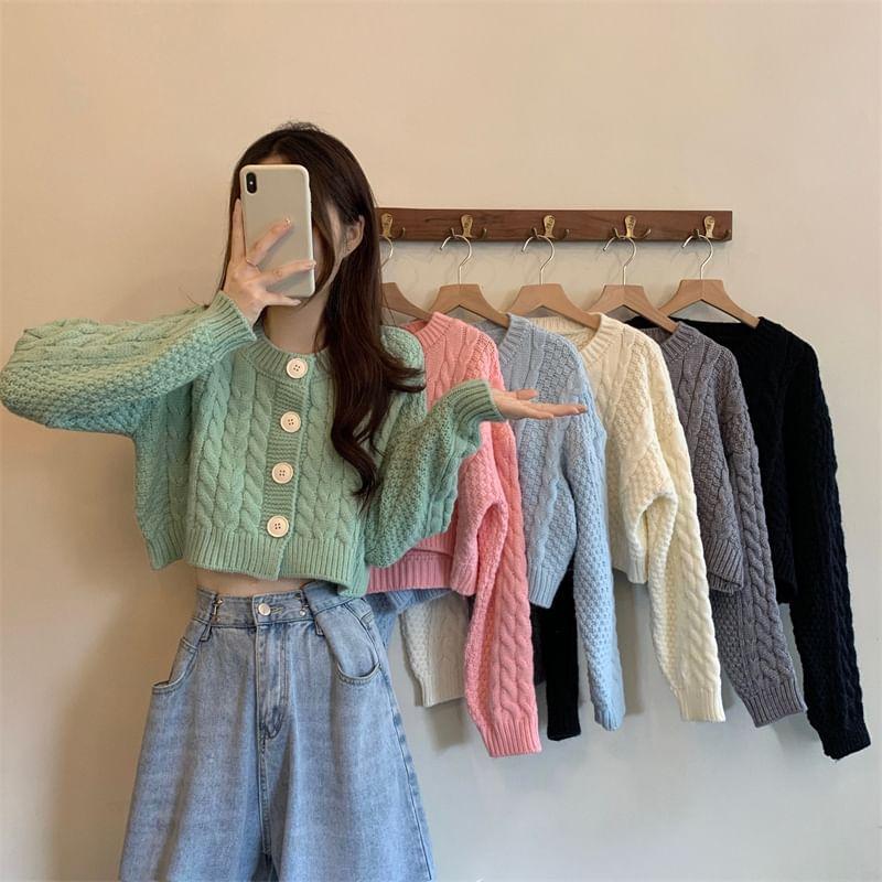 Round Neck Plain Cable Knit Cardigan Product Image