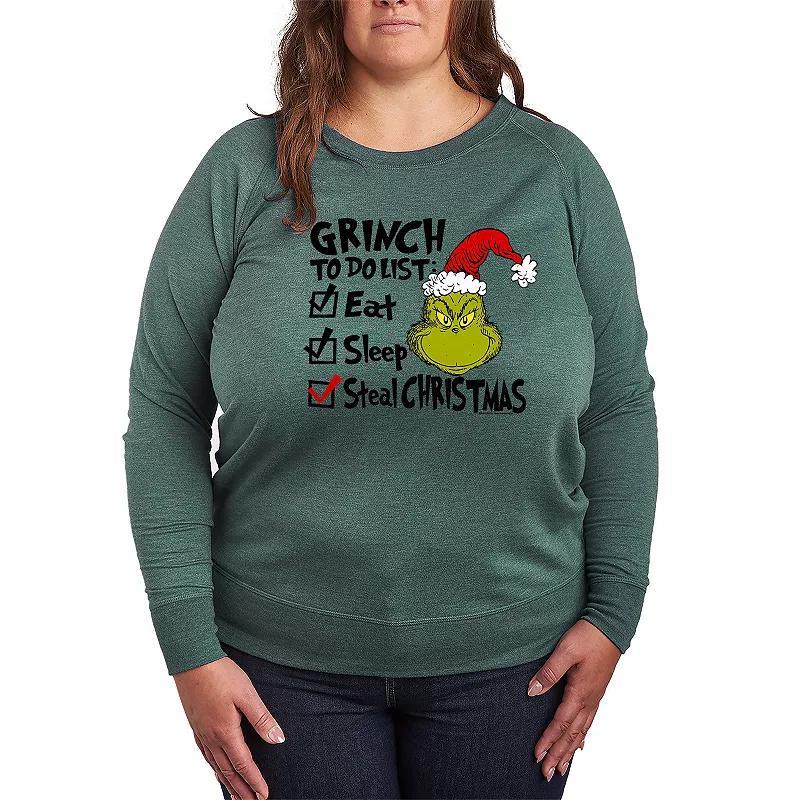 Plus Size Dr. Seuss The Grinch To Do List Lightweight French Terry Sweatshirt, Womens Grey Green Product Image