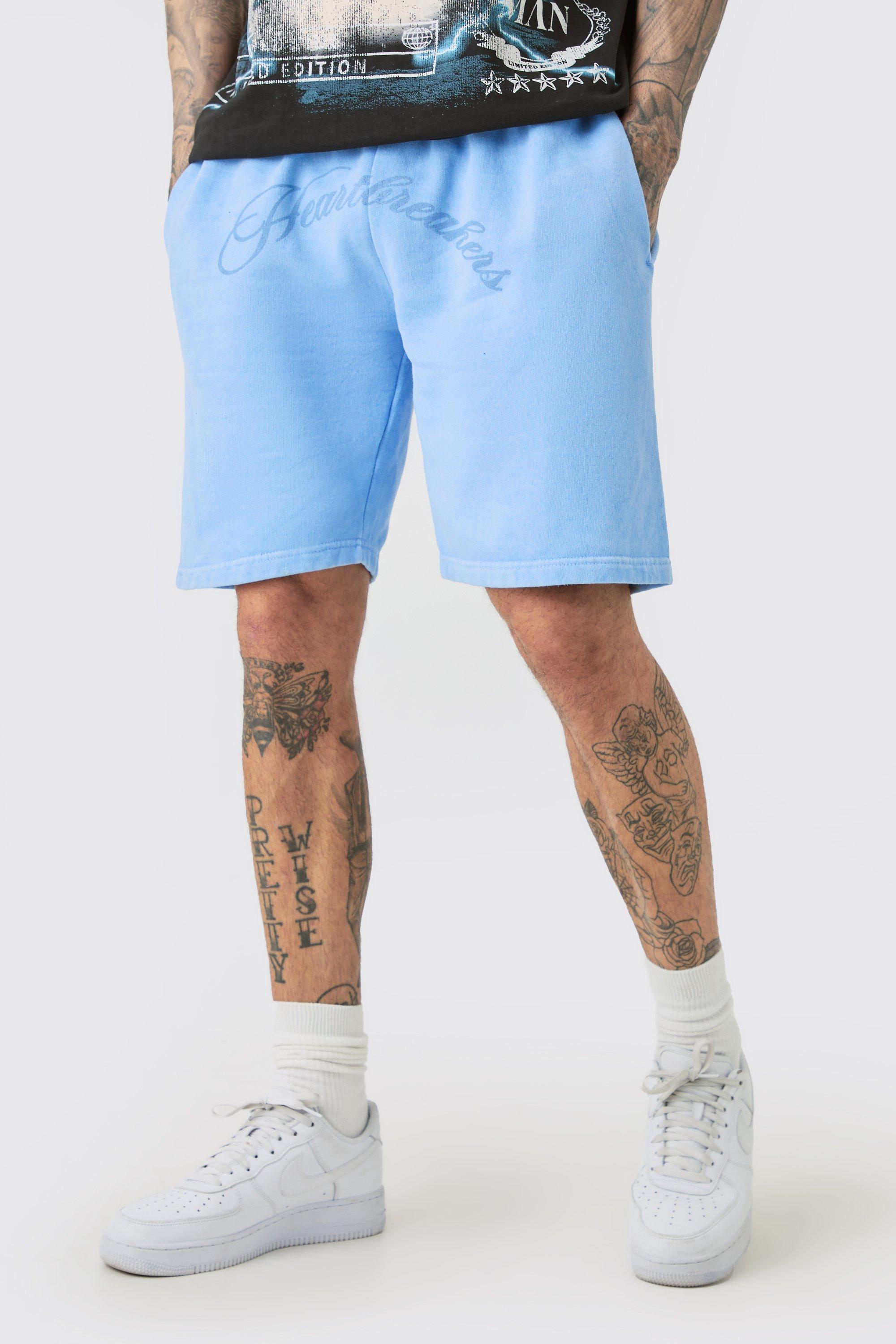 Tall Oversized Hearbreakers Shorts In Blue | boohooMAN USA Product Image