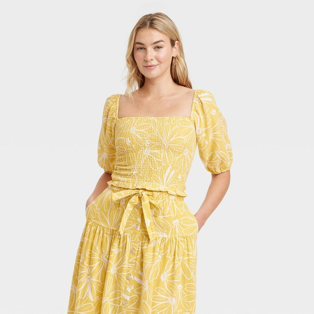 Womens Off Shoulder Puff Elbow Sleeve Blouse - Universal Thread Yellow Floral Product Image