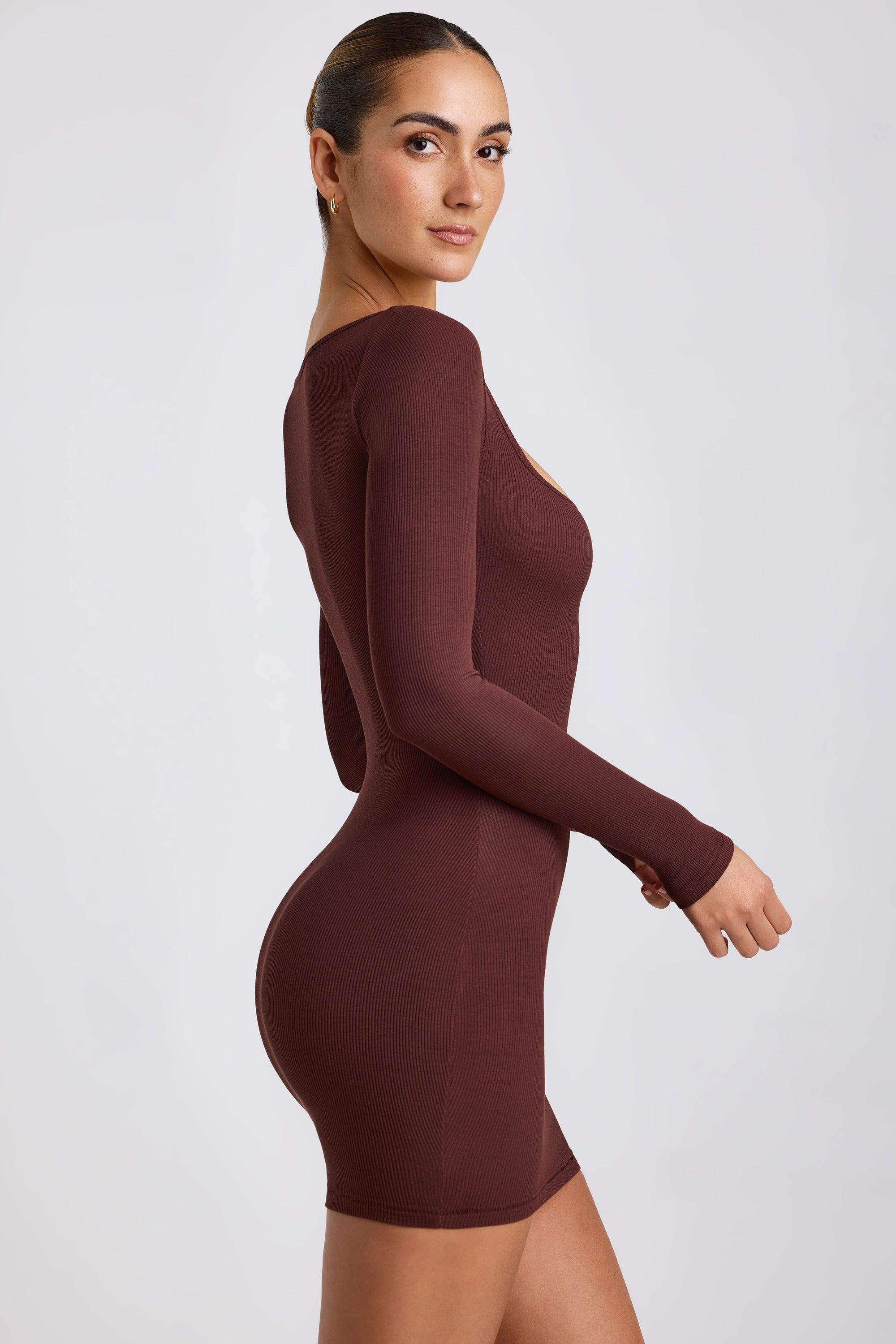 Ribbed Modal Long Sleeve Mini Dress in Chocolate Product Image