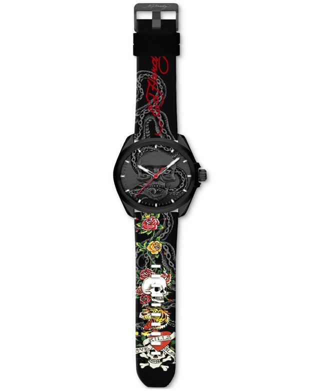 Ed Hardy Mens Printed Black Silicone Strap Watch 46mm - Black Product Image