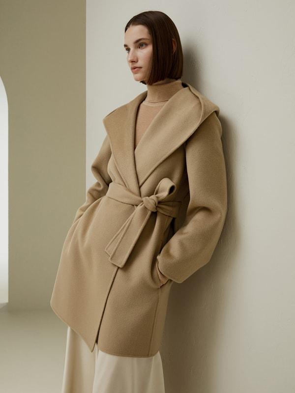 Cashmere-Wool-Blend Belted Short Hooded Coat Product Image