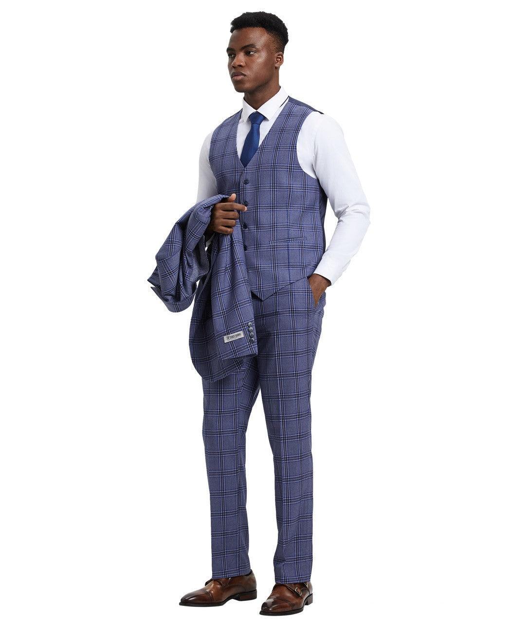 Stacy Adams 3 Piece Suit 2 Buttons Plaid Hybrid Fit in Purple with Adjustable Waistband Product Image