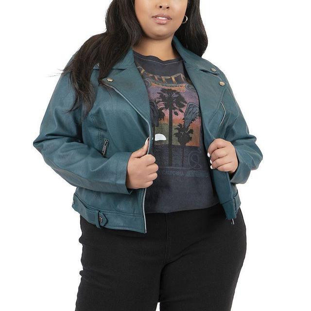 Plus Size Juniors Coffee Shop Faux Leather Moto Jacket, Womens Blue Product Image