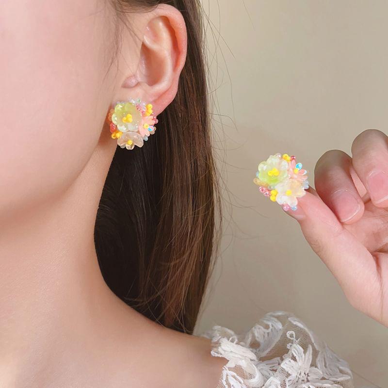 Beaded Floral Cluster Stud Earring / Clip On Earring Product Image