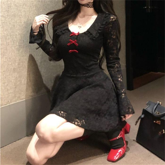 Long Sleeve Scoop Neck Ruffle Trim Lace Mini A-Line Dress Product Image