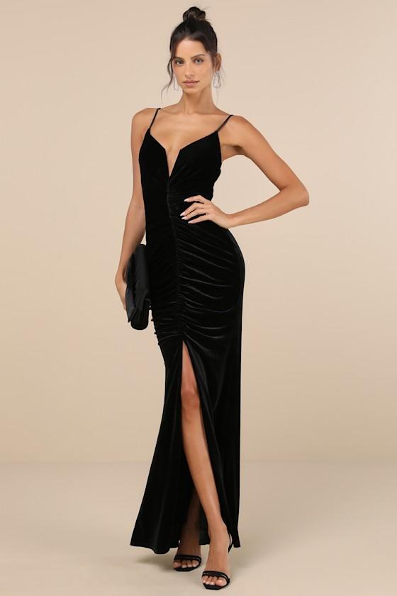 Stunning Invitation Black Velvet Ruched Sleeveless Maxi Dress Product Image