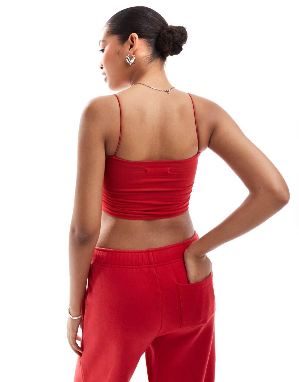 Pull&Bear 2 pack strappy tube crop top in white and red Product Image