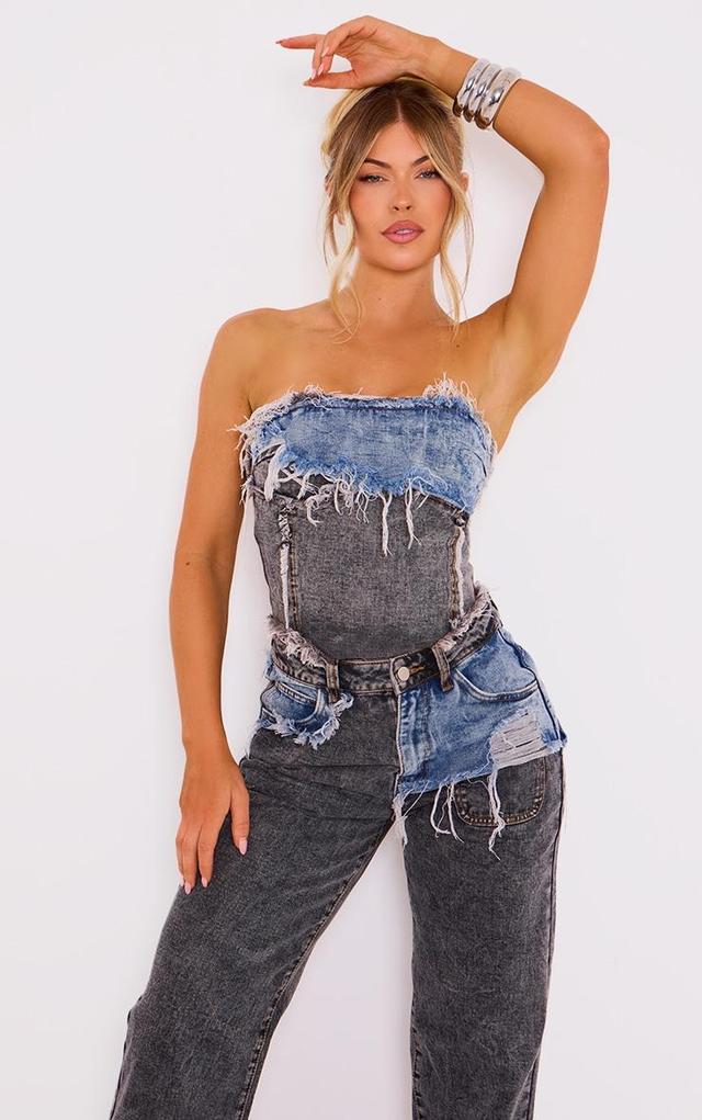 Blue Grey Layered Raw Hem Bandeau Denim Top Product Image