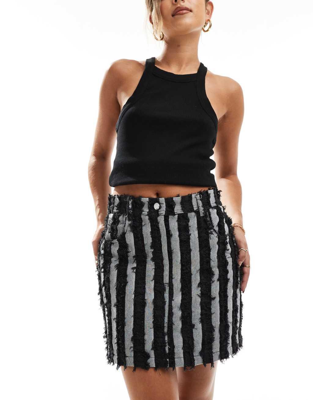 Object raw denim stripe mini skirt in washed black product image